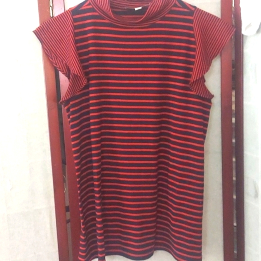 LOFT Red & Blue Stripe Flutter Sleeveless lightweight turtleneck Top Sz S